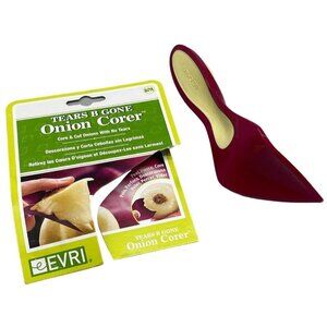 tears b gone Evri onion corer plastic rubber grip  red yellow  with READ